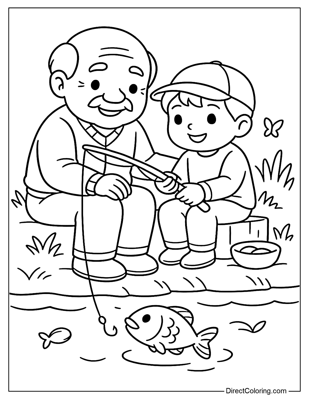 A coloring page of a grandfather and his grandson fishing together, the grandfather smiles kindly, the grandson holds the fishing rod.